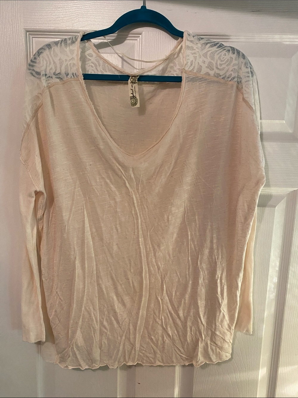 Free People Creamy pink V-Neck Long Sleeve Top with Lace Yoke